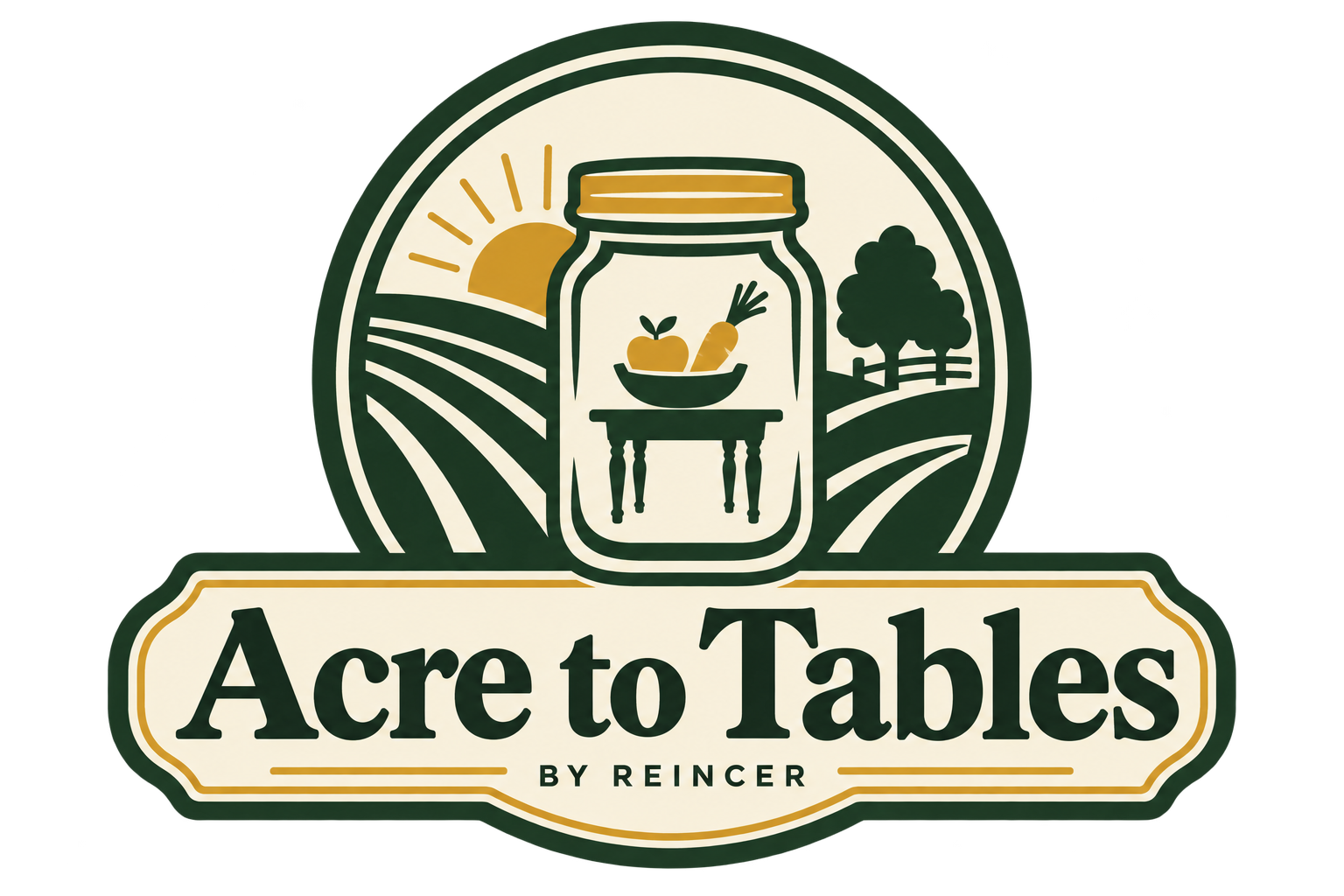 Acre to Tables by Reincer: a preserving jar, farm fields and a table.