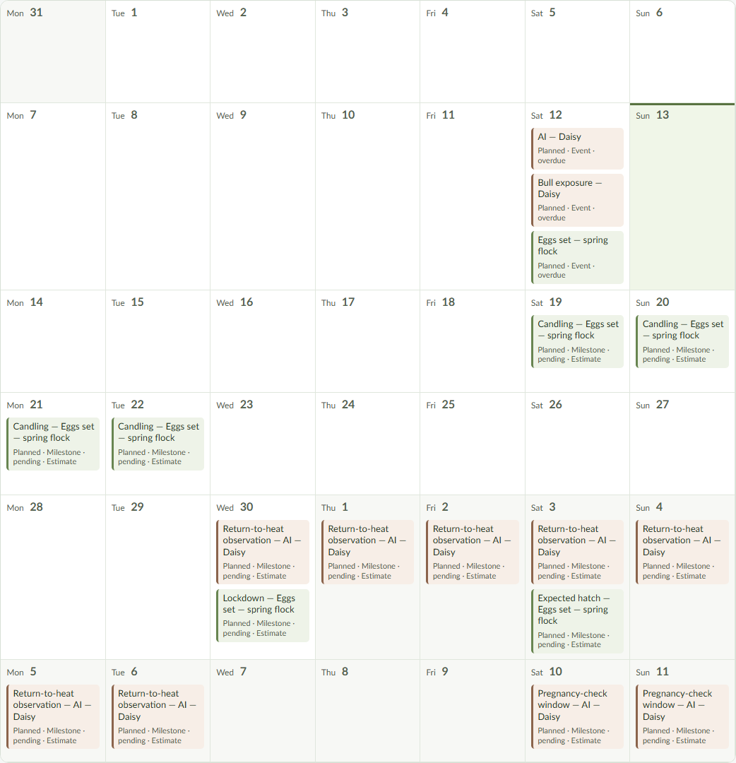 Acre to Tables Calendar showing a farm month with artificial insemination, eggs-set records and generated milestones, using synthetic data.